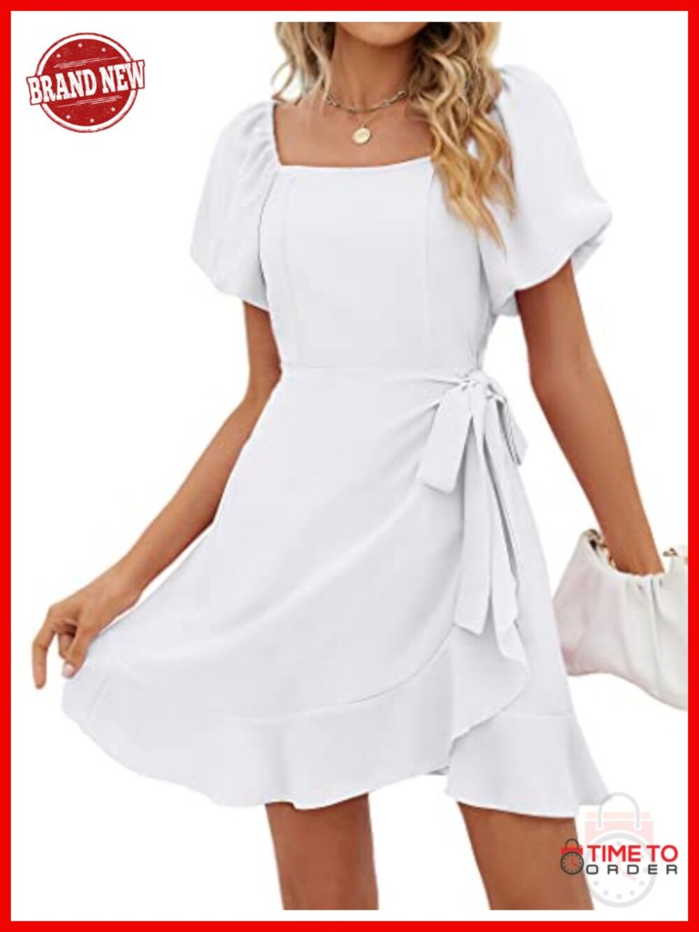Women's Summer Mini Dress Puff Sleeve Square Neck Tie Waist Chiffon